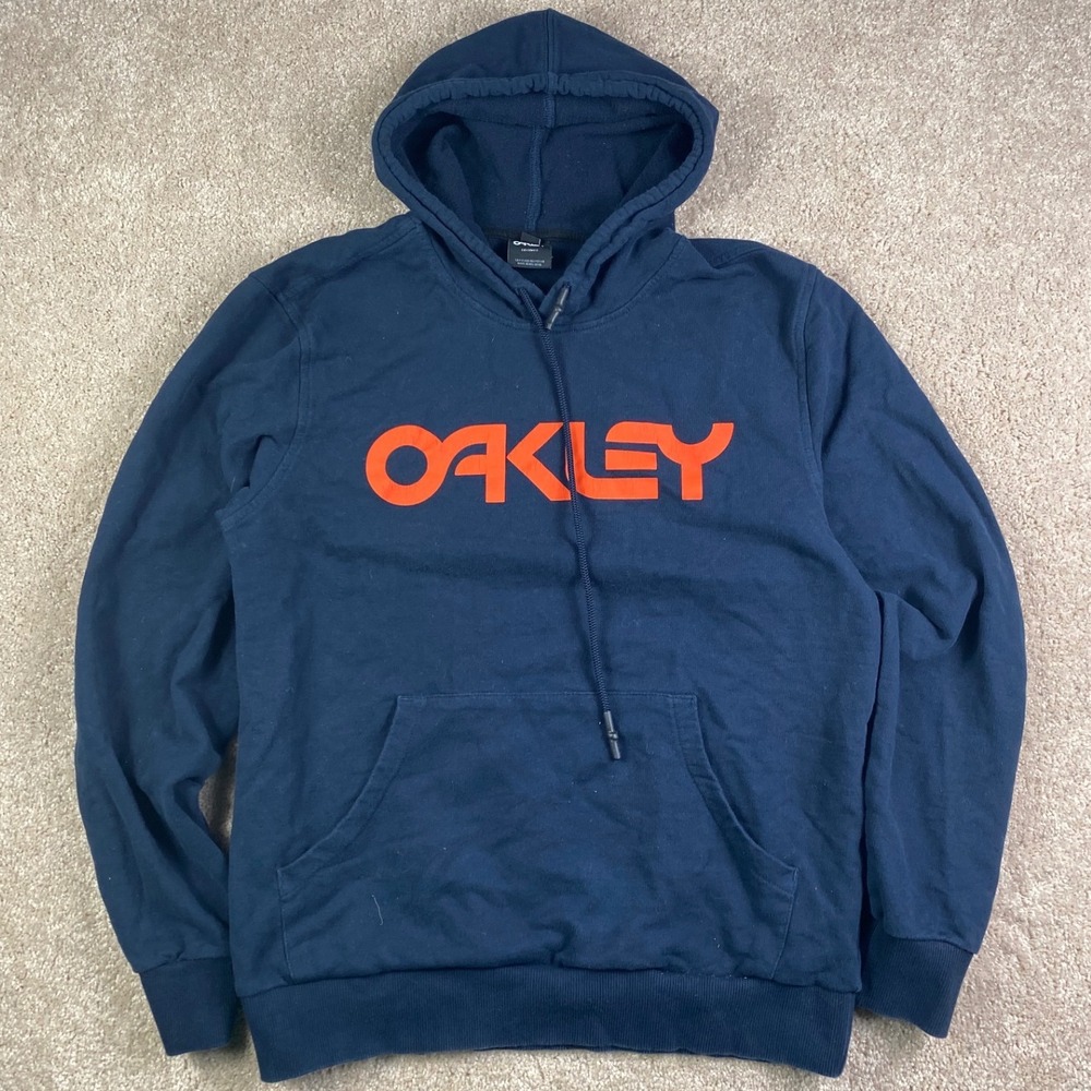 Oakley Mens Custom Fit Pullover Hoodie Navy Blue Orange Logo Size Large
